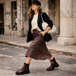 NWT Purple and Black Modern Chunky Edgy Leather Combat Ankle boots size 5.5